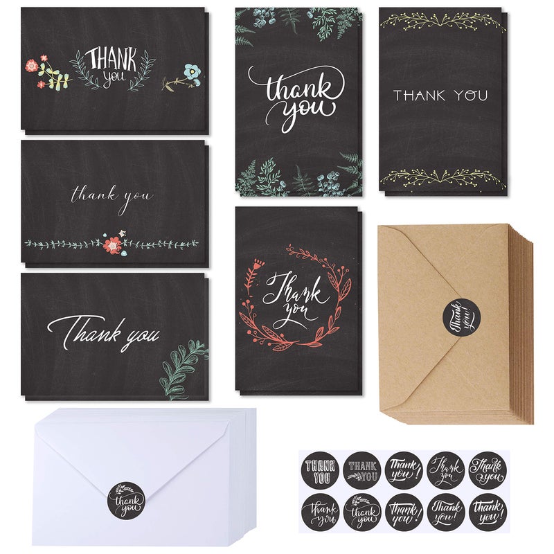 Supla 150 Sets Thank You Cards with Envelopes Stickers Bulk Thank You Notes 6 Designs of Chalkboard Floral Thank You Note Cards Vintage Blank Thank You Card 4 x 6 for Wedding Bridal Baby Shower - Image 1